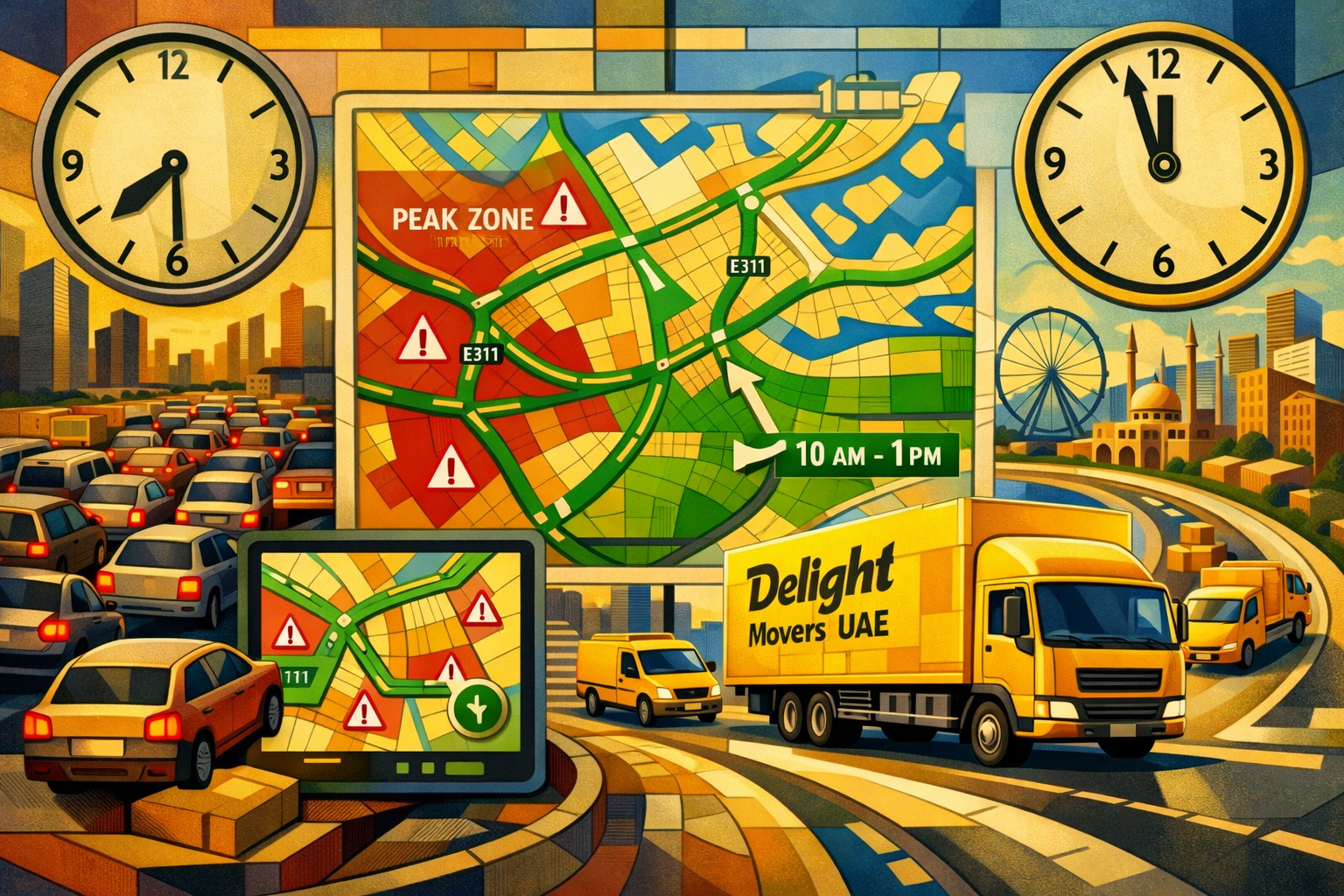 Picasso-inspired cubist style, geometric shapes, user this color for image #fbd01c. put this color on worker's Tshirt and on truck. and if y