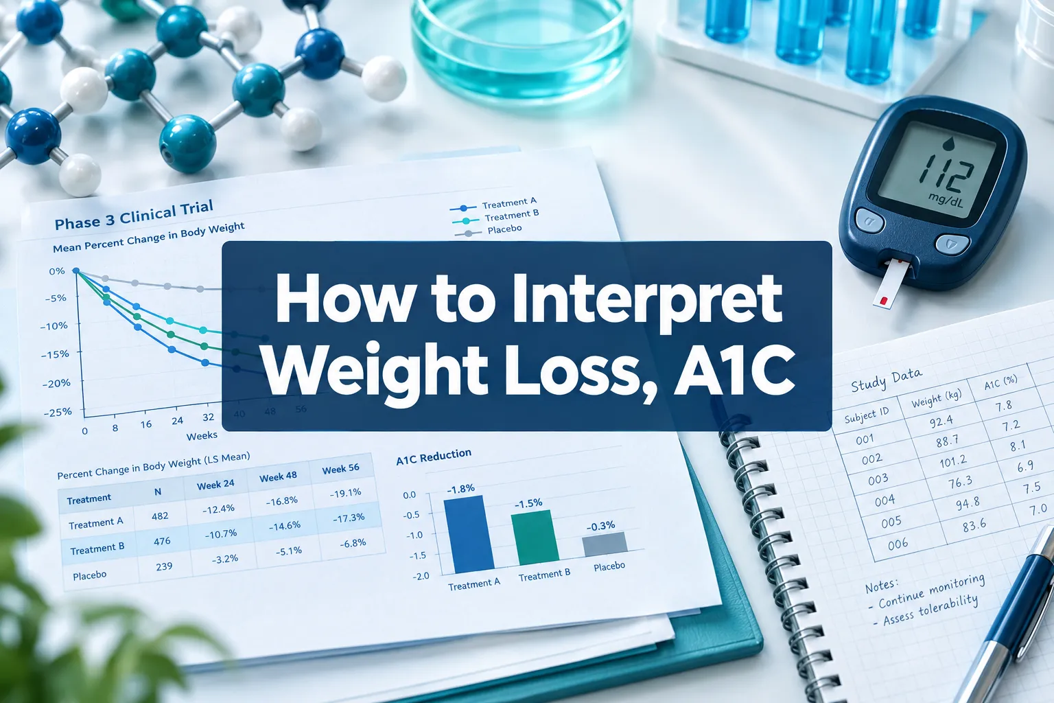 Professional () hero image with 'How to Interpret Weight Loss, A1C' in crisp white modern centered on a deep navy
