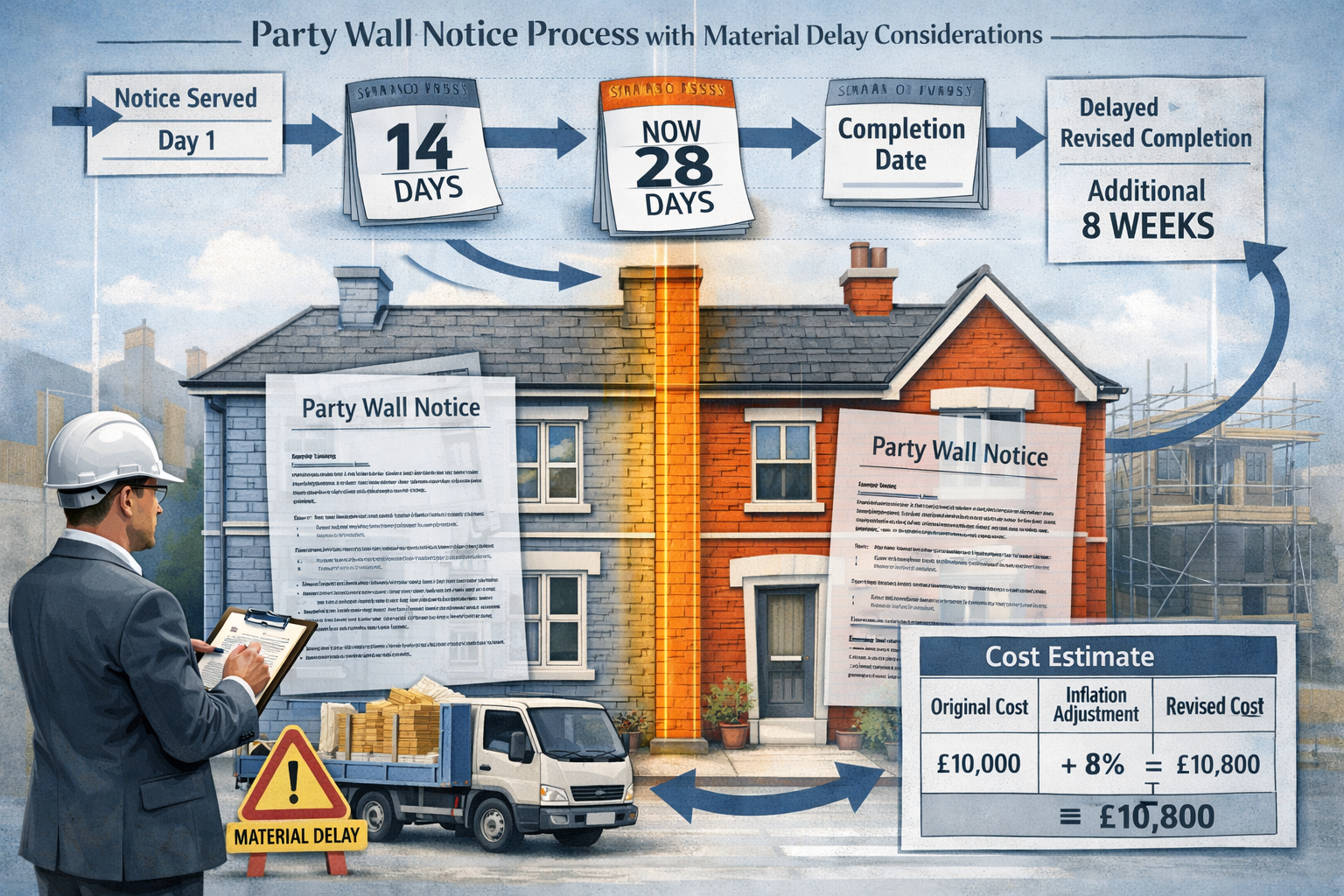 Detailed landscape format (1536x1024) illustration of party wall notice documentation process with material delay considerations. Central im