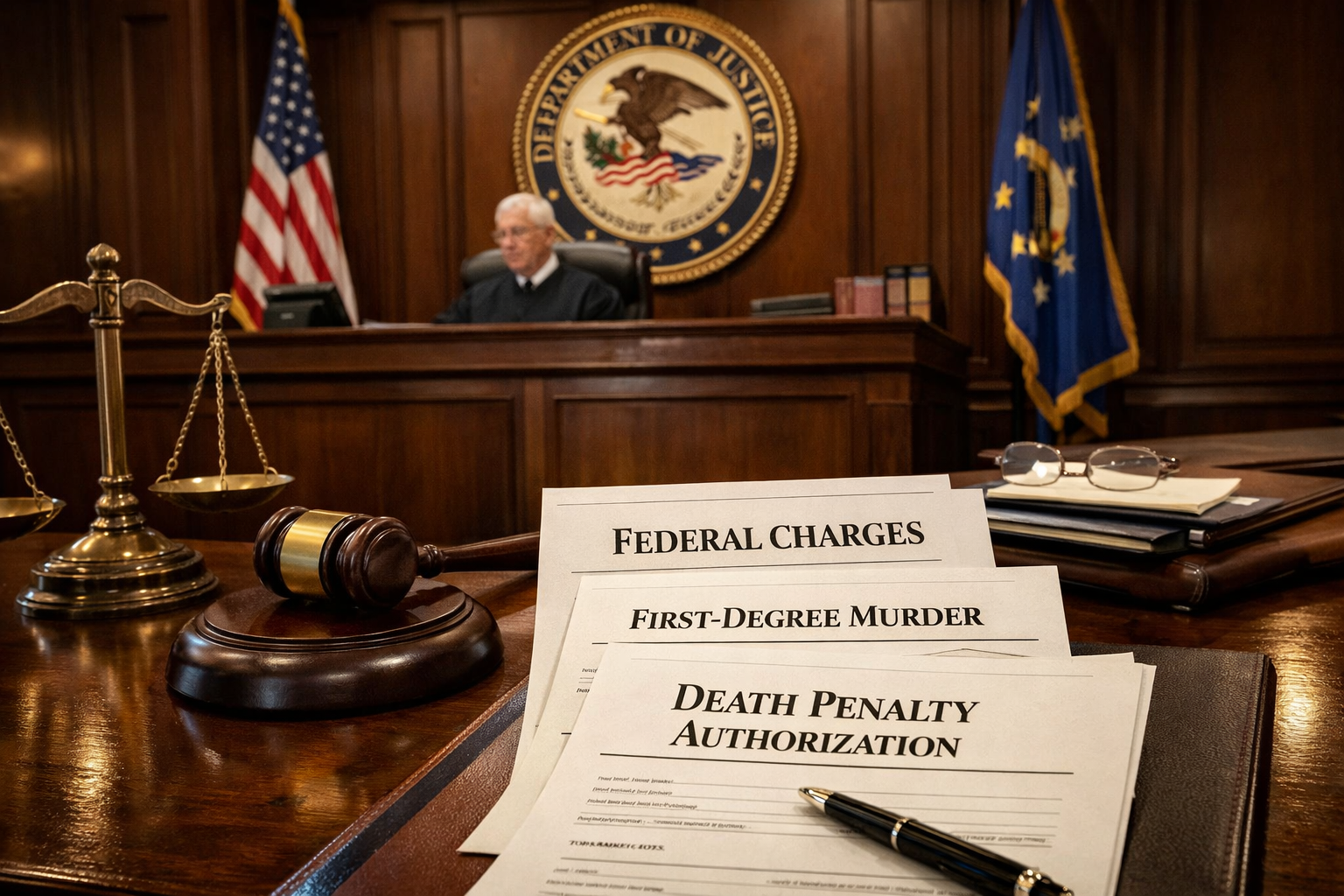 Landscape format (1536x1024) detailed courtroom illustration showing federal courthouse interior with judge's bench, American flag, Departme