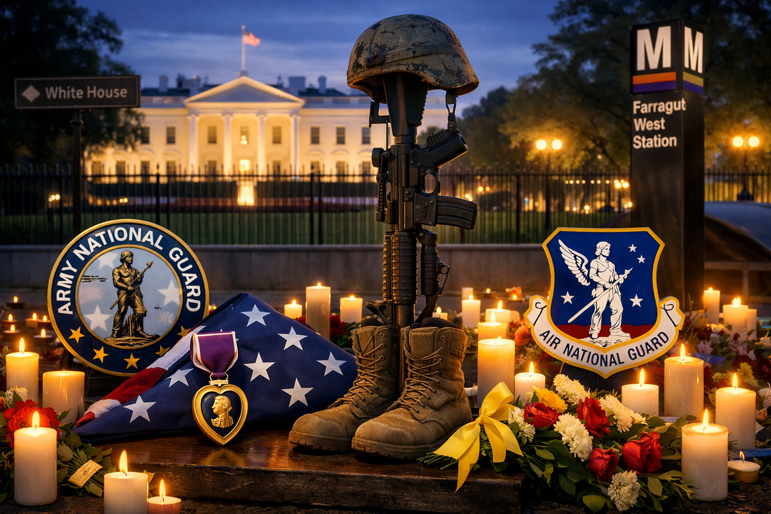 Landscape format (1536x1024) memorial tribute composition honoring fallen and injured National Guard members with dignified military service