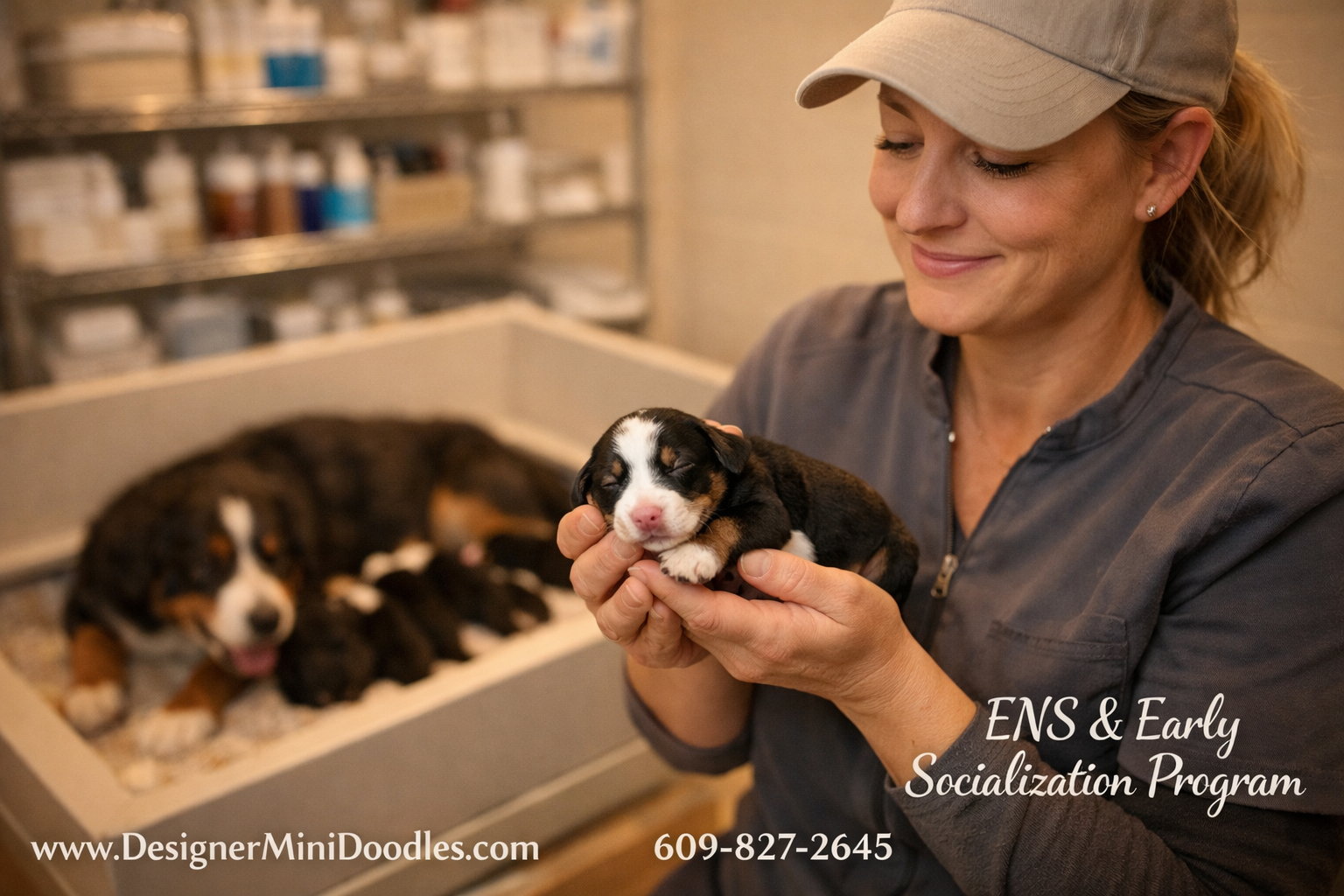 () warm photograph of a professional breeder in a clean modern whelping room carefully handling a tiny tri-color Bernedoodle
