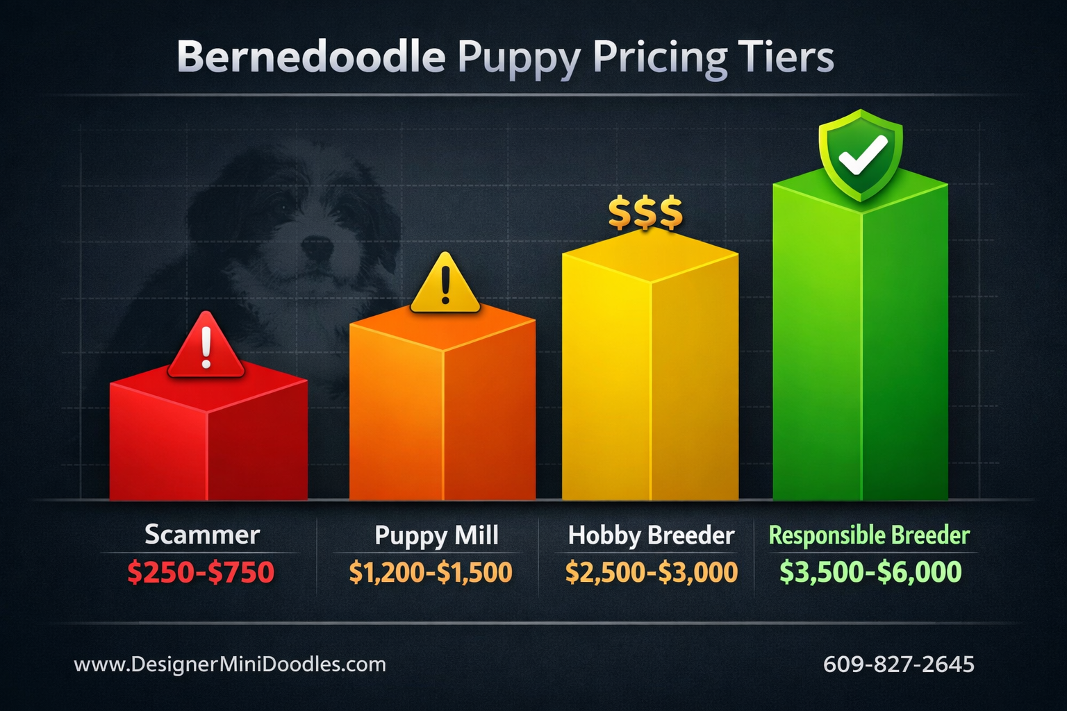 () creative price comparison bar graph infographic showing Bernedoodle puppy pricing tiers as ascending colored bars: red