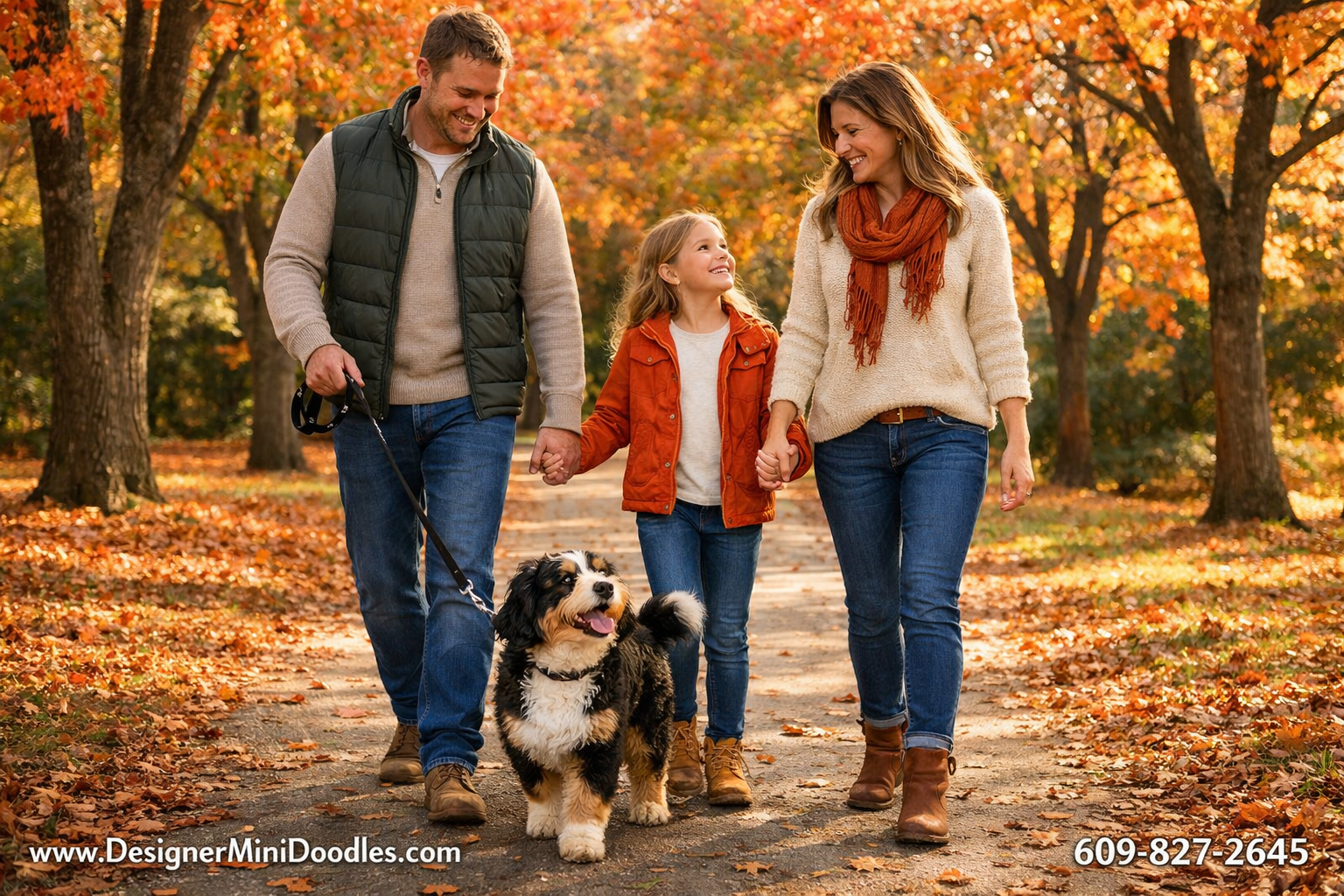 () scenic photograph of a happy family walking a fluffy tri-color miniature Bernedoodle on a leash along a tree-lined path