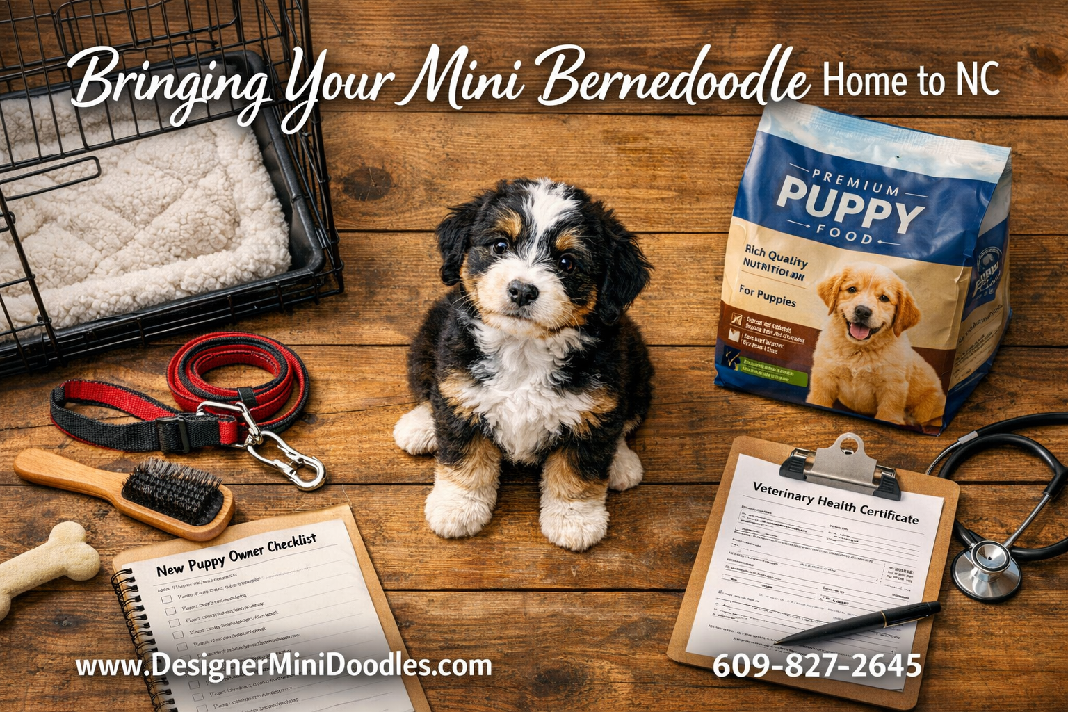 () overhead flat-lay style photograph showing a 'New Puppy Owner Checklist' arrangement on a rustic wooden table including a
