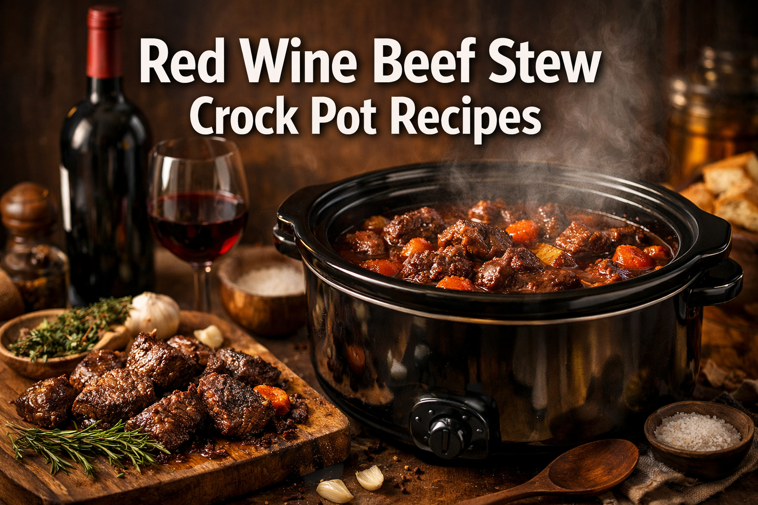 Professional landscape hero image (1536x1024) featuring bold text overlay 'Red Wine Beef Stew Crock Pot Recipes' in extra large 72pt white s