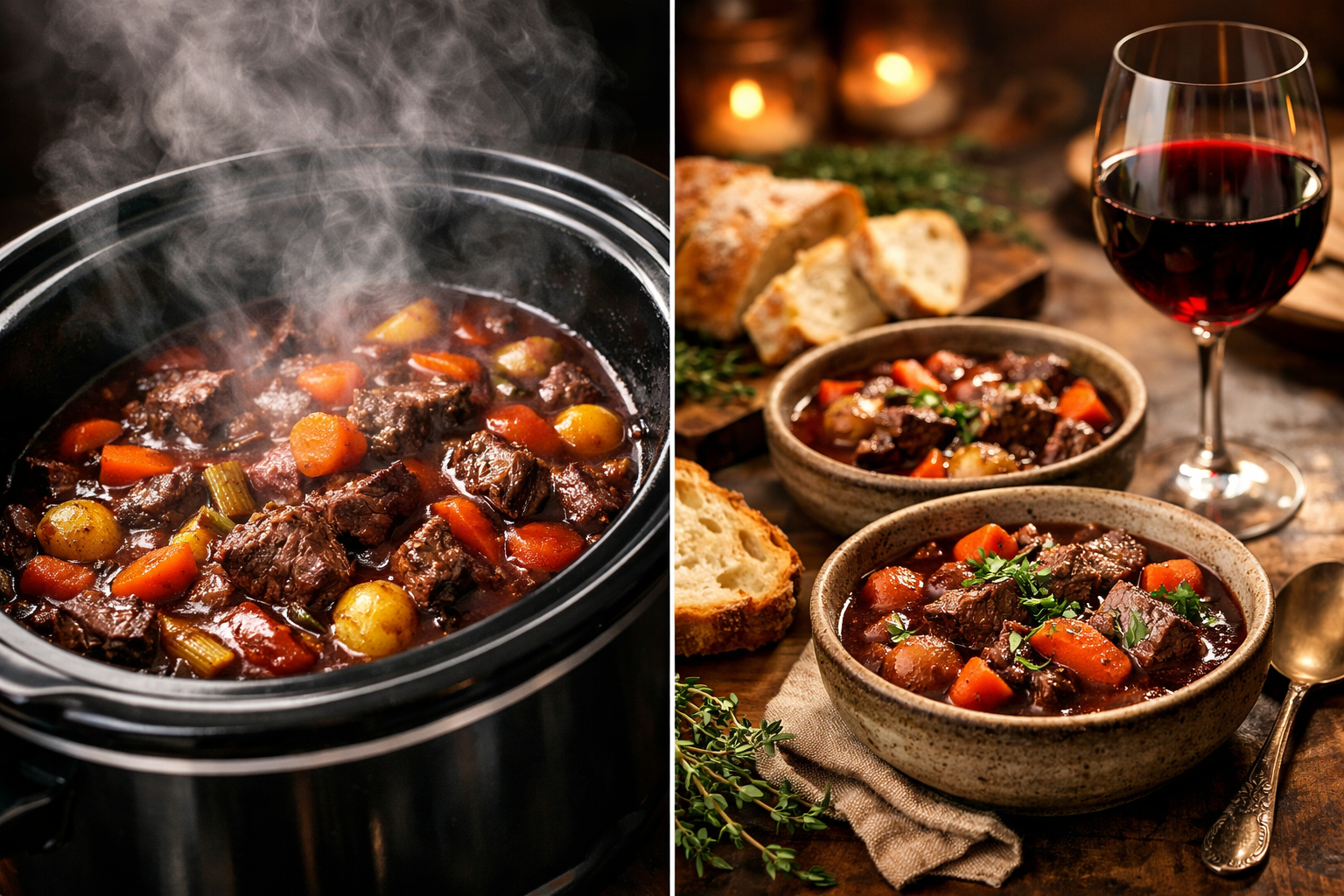 Split composition image showing slow cooker with lid off revealing perfectly cooked red wine beef stew with tender meat chunks, rich burgund
