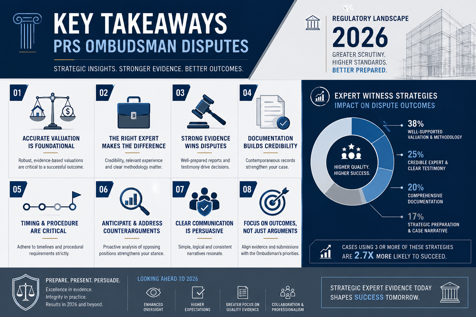 Infographic visualizing 'Key Takeaways' for PRS Ombudsman Disputes, featuring a clean, geometric layout with 6-8 stylized