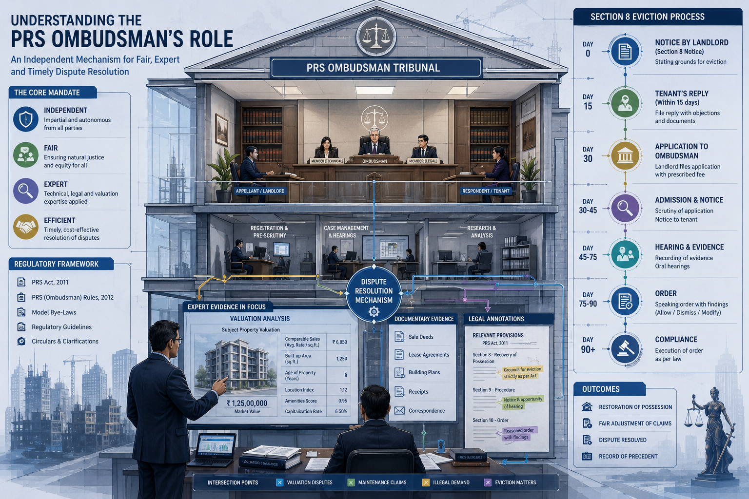 Technical illustration depicting 'Understanding PRS Ombudsman's Role' with cutaway architectural diagram showing interior of