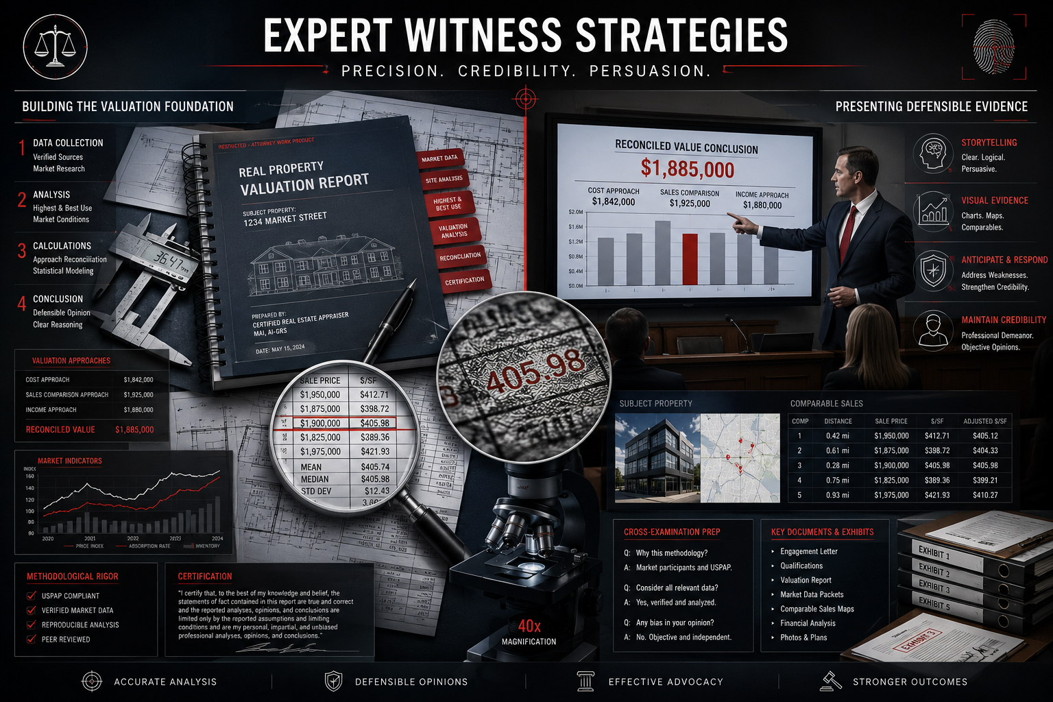 Forensic visual breakdown of 'Expert Witness Strategies' featuring split-screen composition: left side showing meticulous