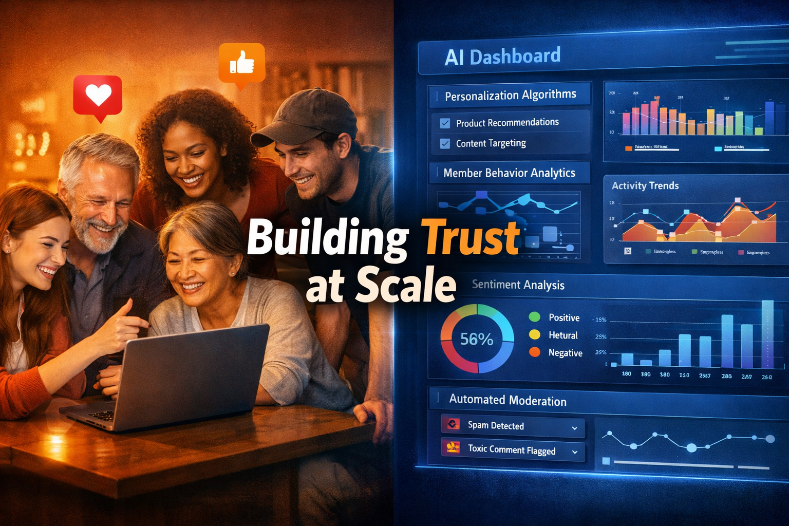 Landscape format (1536x1024) editorial image showing split-screen composition: left side displays intimate micro-community gathering of 5-7 