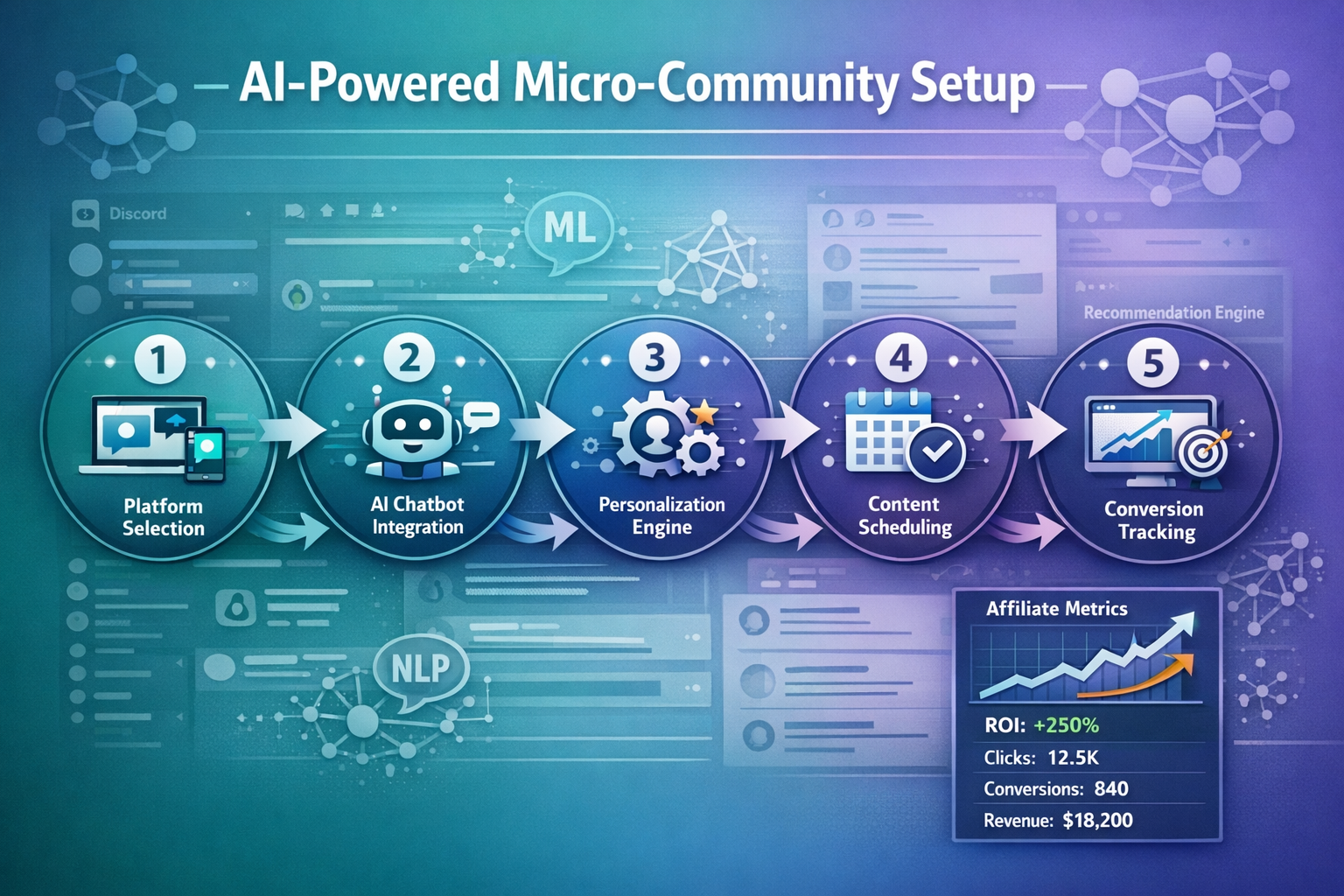 Landscape format (1536x1024) infographic-style image featuring step-by-step visual workflow for AI-powered micro-community setup. Shows numb