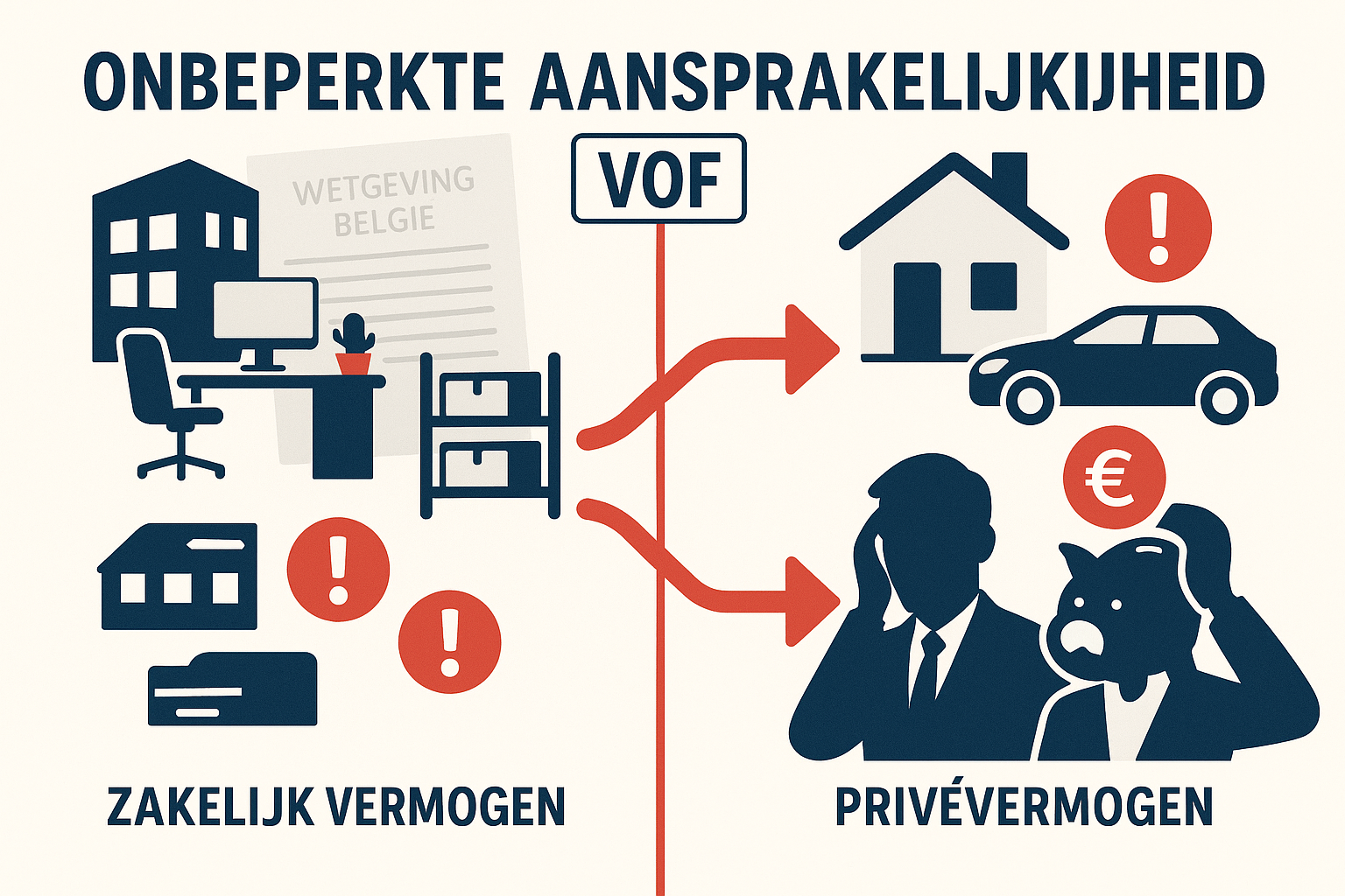 VOF Nadelen in België: Wat Je Moet Weten Voor Je Start 1 Detailed infographic illustration showing personal liability concept for VOF in Belgium, split-screen composition with left side displaying
