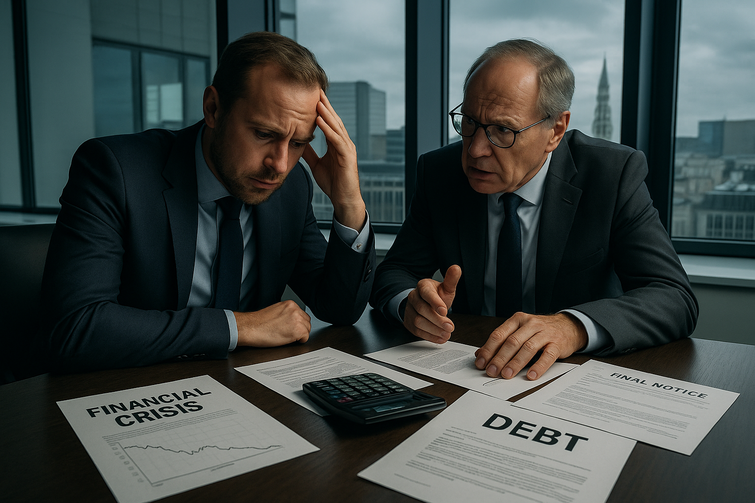 VOF Nadelen in België: Wat Je Moet Weten Voor Je Start 2 Professional business scene photograph showing two Belgian business partners in serious discussion at conference table with financial crisis