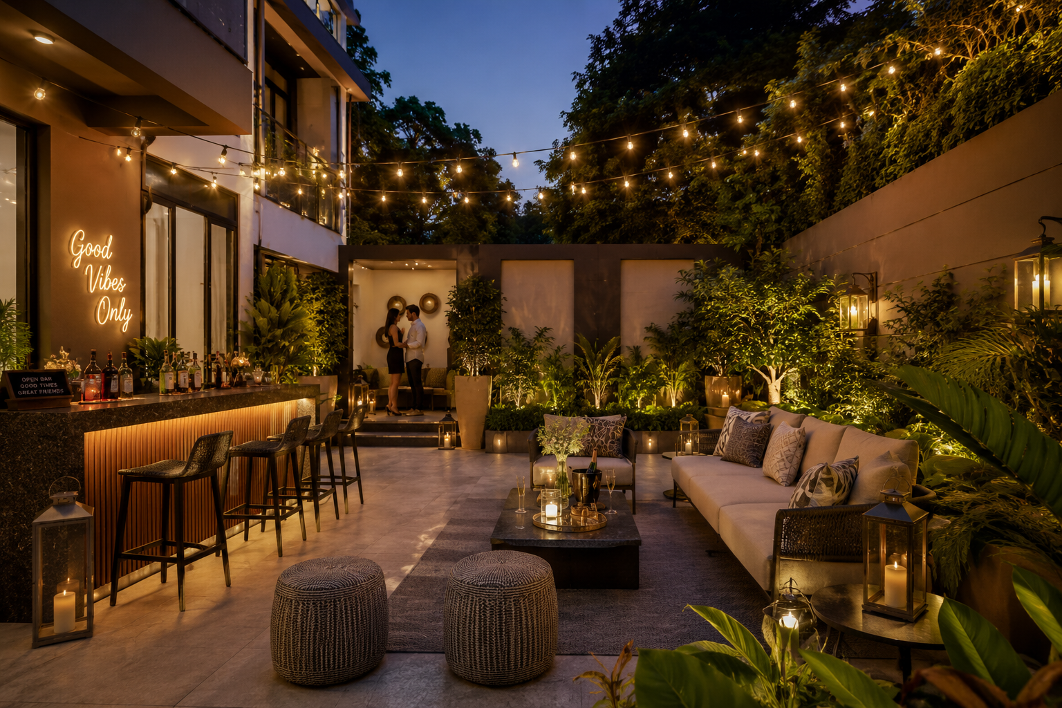 A detailed landscape image () showcasing a secluded, stylish courtyard of an Airbnb in Gurgaon, prepared for a small,