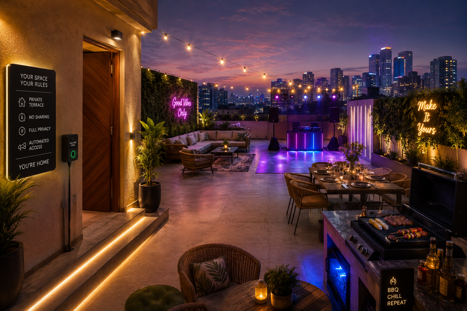 A vibrant landscape image () of a private terrace area of an Airbnb in Gurgaon, specifically highlighting the huge space and