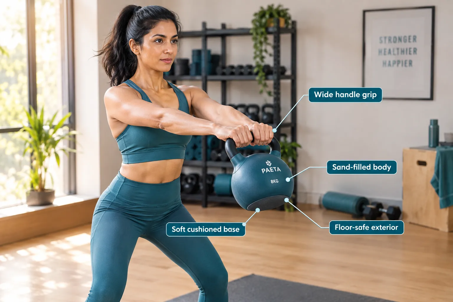Annotated documentary-style editorial photograph (1536x1024) of a fit woman in her mid-30s, South Asian ethnicity, performing a kettlebell swing in a bright modern home gym with light oak floors. The PAETA soft kettlebell is clearly visible mid-swing, soft PVC exterior catching studio light. Four short callout labels with thin lines point to: 'Wide handle grip', 'Soft cushioned base', 'Sand-filled body', 'Floor-safe exterior'. Warm natural light from left, shallow depth of field on background, teal accent tones on workout attire, magazine-quality fitness editorial photography. Best Exercises to Do With a PAETA Soft Kettlebell