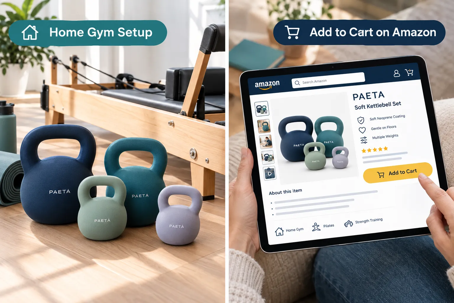Split-screen landscape editorial image (1536x1024): Left half shows a close-up of a PAETA soft kettlebell set arranged on a light wood floor next to a wood pilates reformer in a clean home studio, soft morning light, labeled 'Home Gym Setup'. Right half shows an Amazon product page mockup on a tablet screen with the PAETA soft kettlebell listing visible, cart button highlighted, labeled 'Add to Cart on Amazon'. Clean white dividing line between panels, teal and navy color accents, modern editorial composition, no dollar amounts or pricing text visible. PAETA Soft Kettlebell Durability, Warranty, and Return Policy