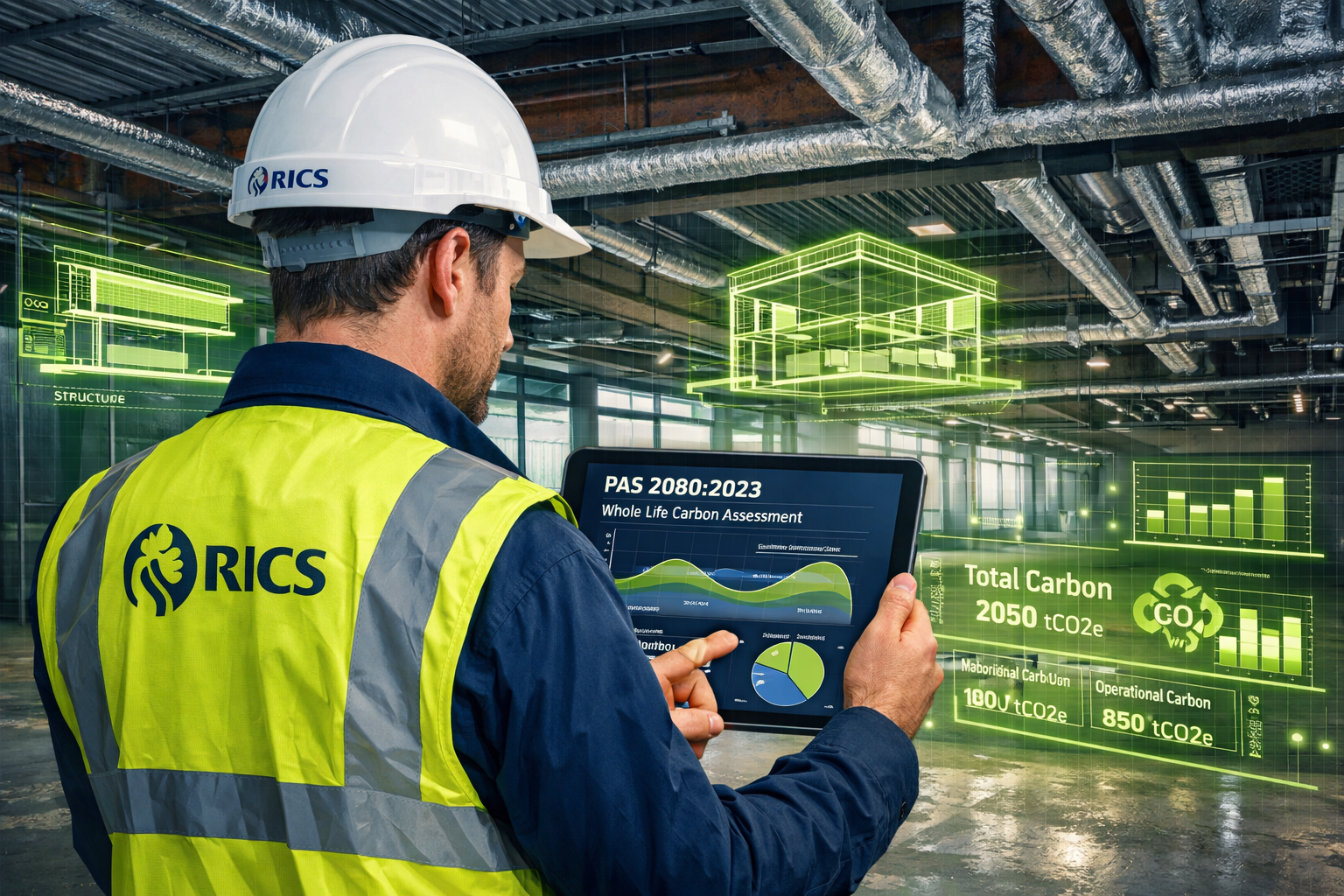 Wide-angle editorial illustration showing a RICS-certified surveyor in hard hat and hi-vis vest conducting a whole life