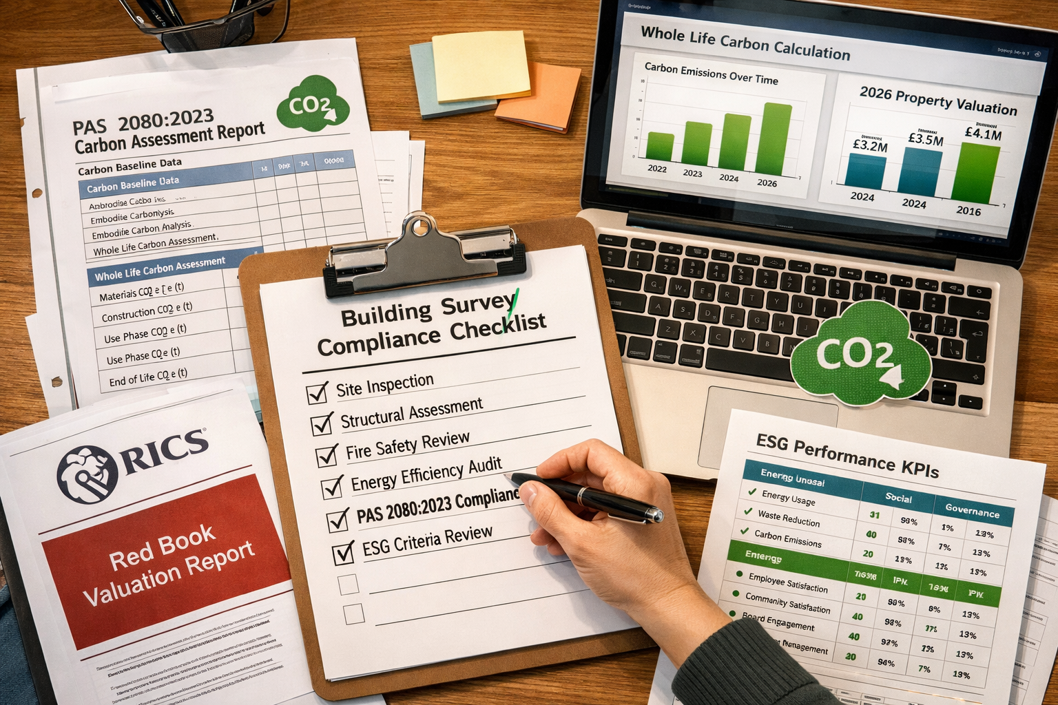 Flat-lay overhead shot of a professional building survey compliance checklist spread across a desk, showing PAS 2080:2023