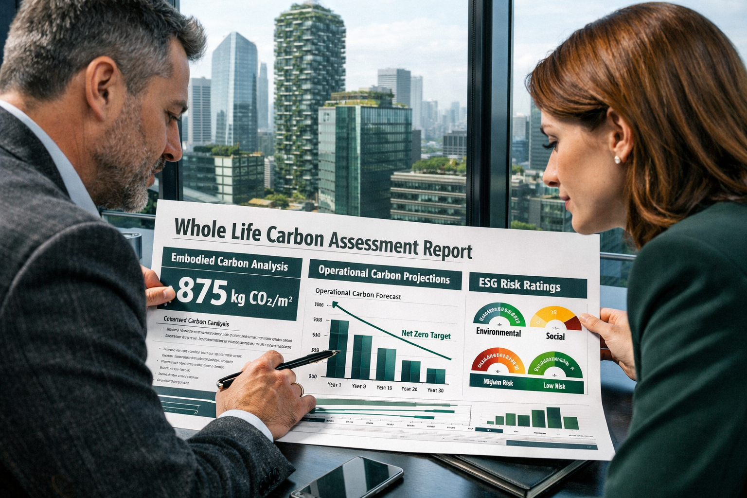 Close-up editorial photograph of two property professionals—one a chartered surveyor, one a commercial property