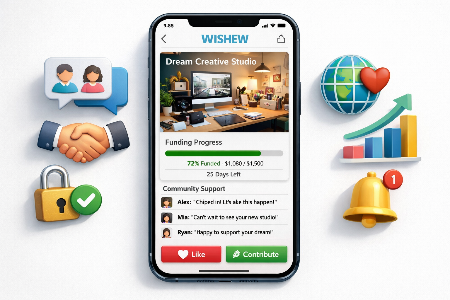 High-quality editorial illustration (1536x1024) showing a detailed UI/UX walkthrough of the WISHEW App on a modern smartphone. The screen di