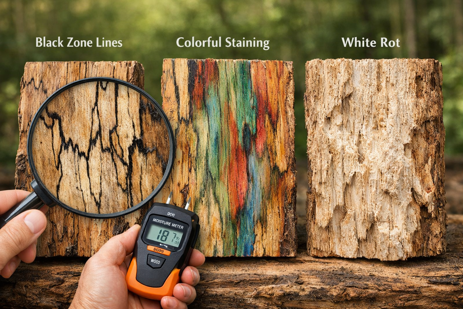 A detailed, () image showcasing three distinct samples of spalted wood: one with visible black zone lines (fungal growth),