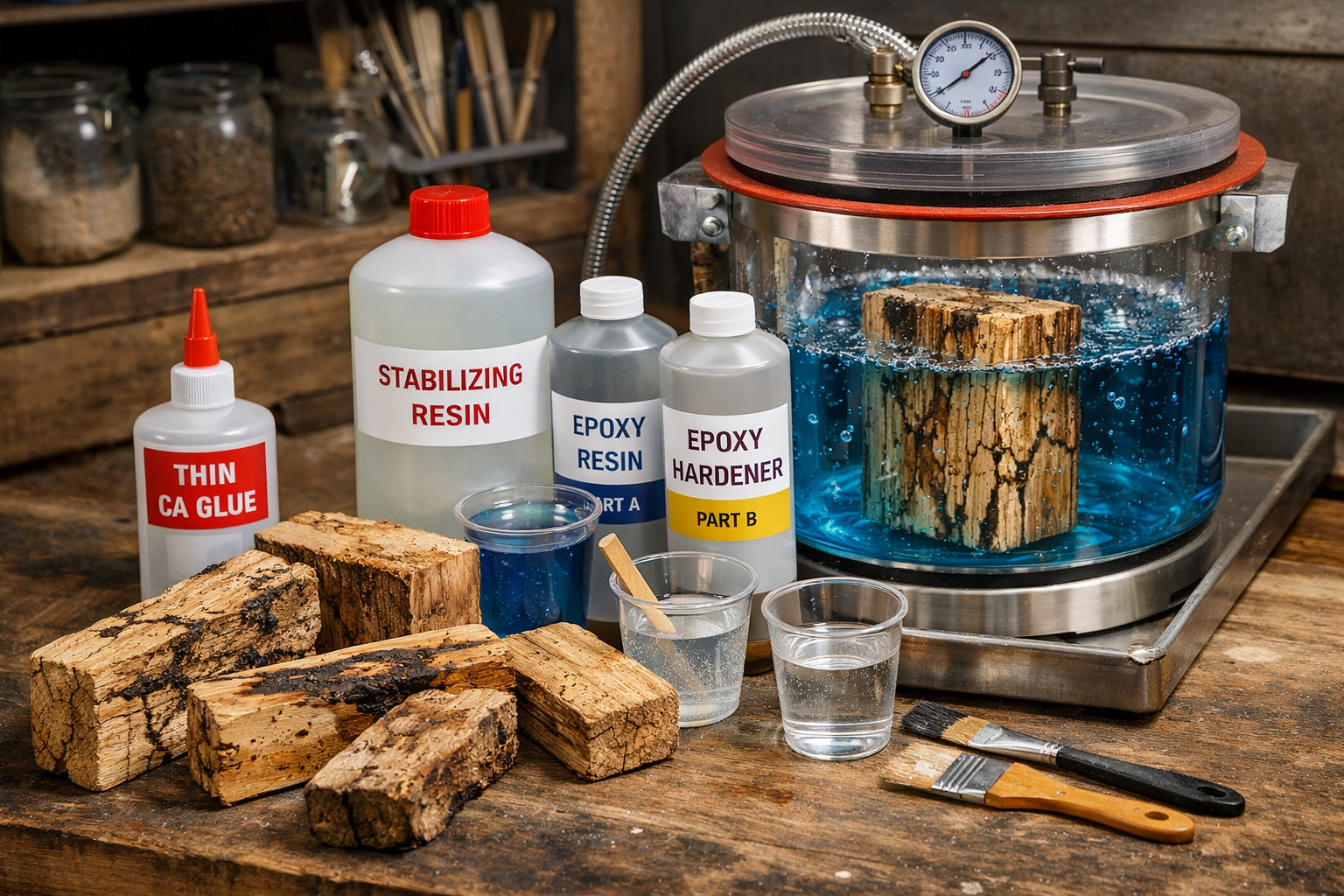 A () image illustrating the stabilization process of spalted wood. The foreground shows various spalted wood blanks, some