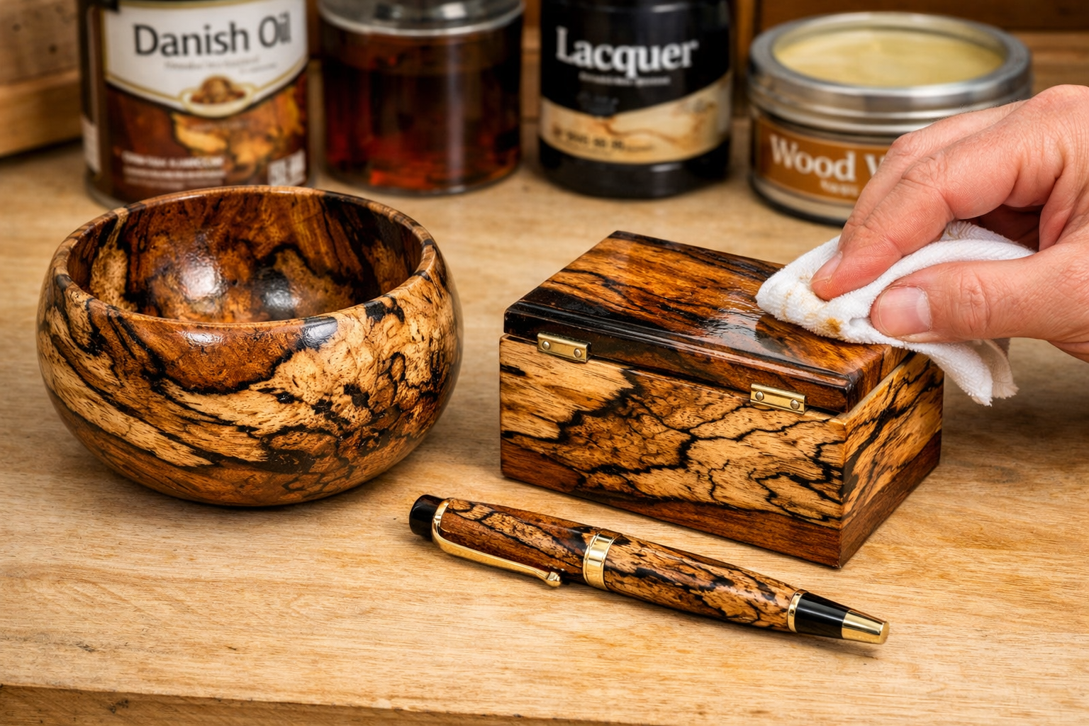 A vibrant, () image displaying finished spalted wood projects: a turned bowl, a small decorative box, and a pen blank, each