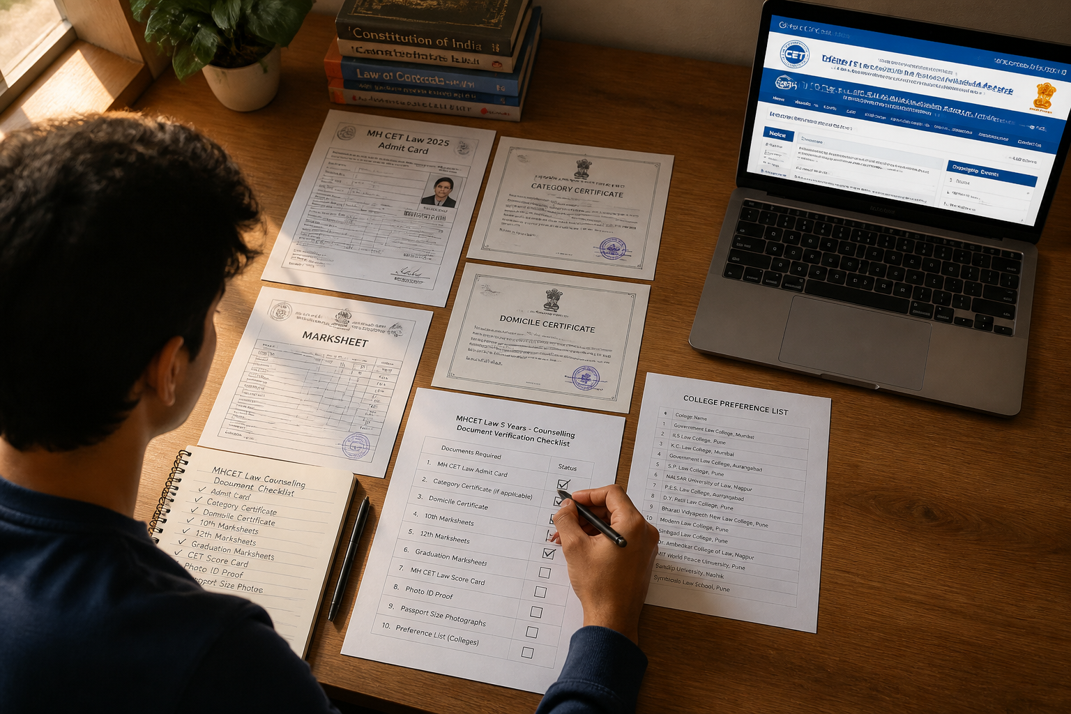 () bird's-eye view photograph of a student sitting at a wooden study desk covered with organized documents including MH CET