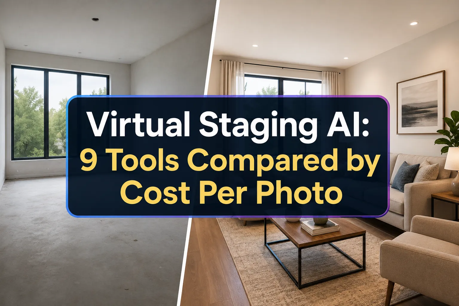A reading "Virtual Staging AI: 9 Tools Compared by…". CRITICAL TYPOGRAPHY RULES: render the text on 1–2 lines, centered,
