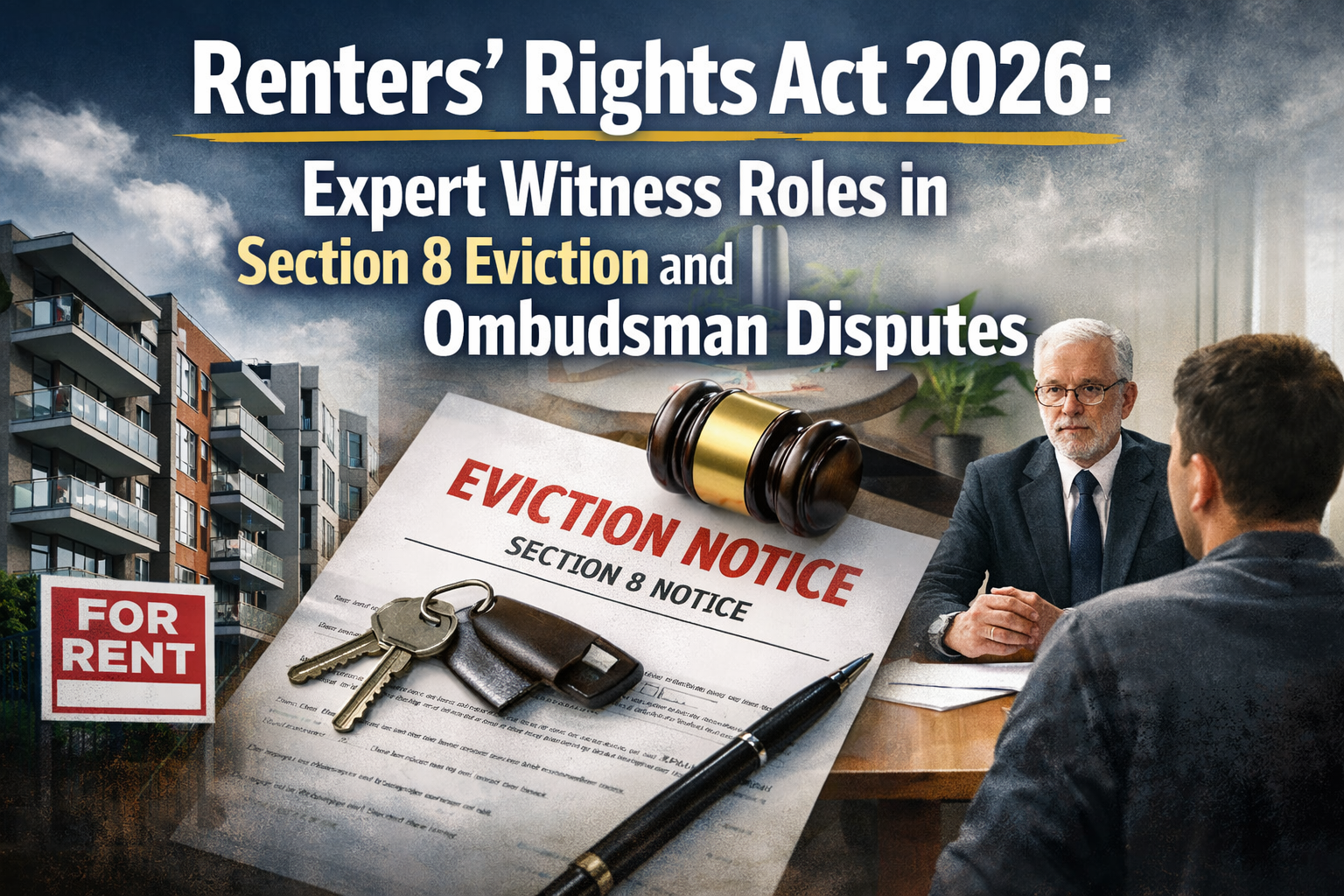 Professional landscape hero image () with : "Renters' Rights Act 2026: Expert Witness Roles in Section 8 Eviction and