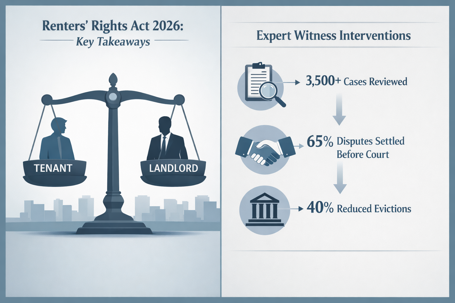 Split-screen editorial infographic representing Key Takeaways of Renters' Rights Act 2026, left side showing legal scales
