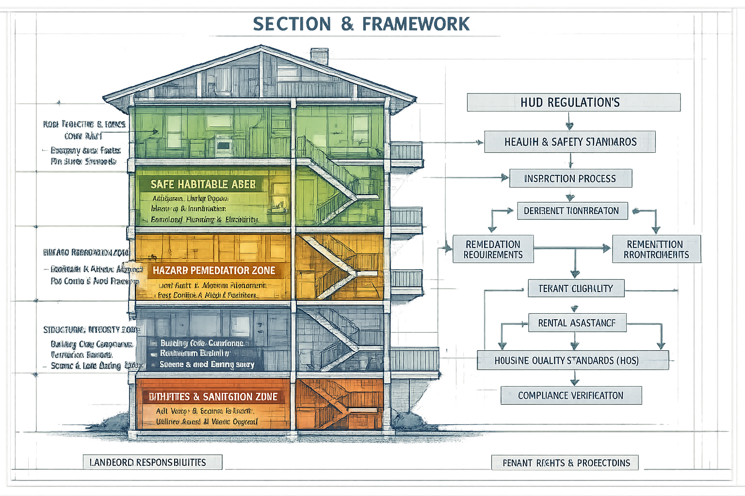 Technical architectural cross-section illustration demonstrating Section 8 Framework, showing multi-story residential