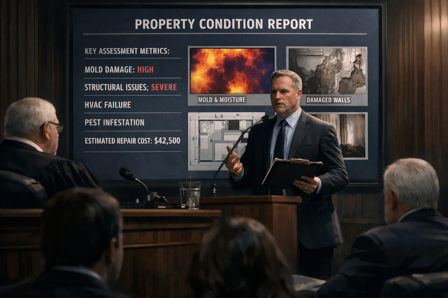 Dramatic courtroom scene visualizing Expert Witness roles in Section 8 Eviction Proceedings, featuring forensic expert in