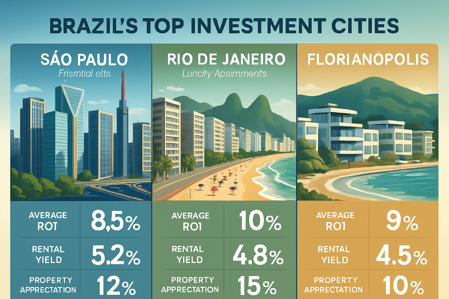 Detailed landscape illustration (1536x1024) showing split-screen comparison of Brazil's top investment cities: São Paulo skyline with modern