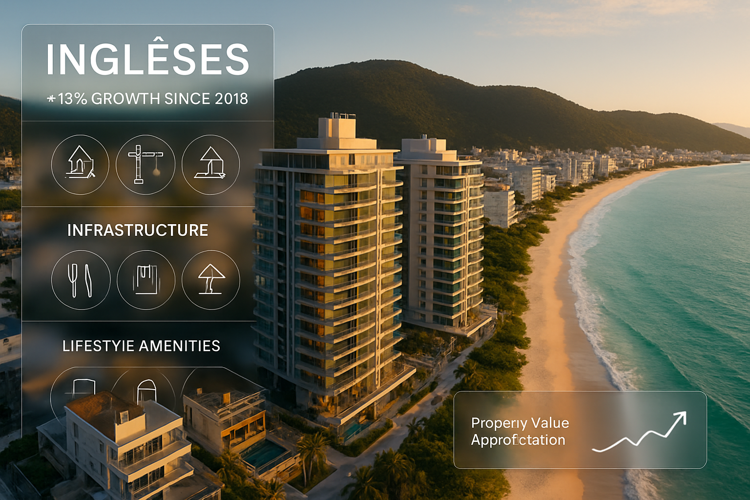Detailed landscape photograph (1536x1024) of Florianópolis beachfront showing modern luxury residential towers along pristine coastline, cry