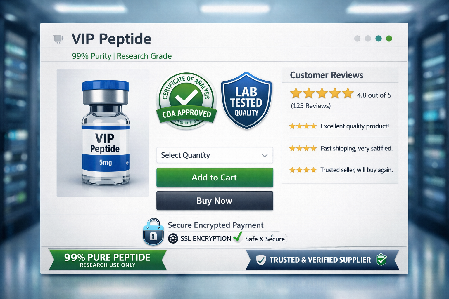 A detailed illustration of a secure online marketplace interface, highlighting elements like 'Certificate of Analysis' logos, 'Customer Revi