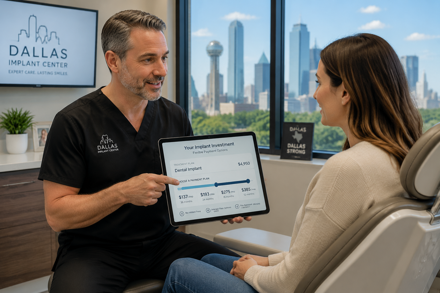 () image illustrating a patient consultation in a modern Dallas dental office, with a dentist (mid-40s, reassuring)