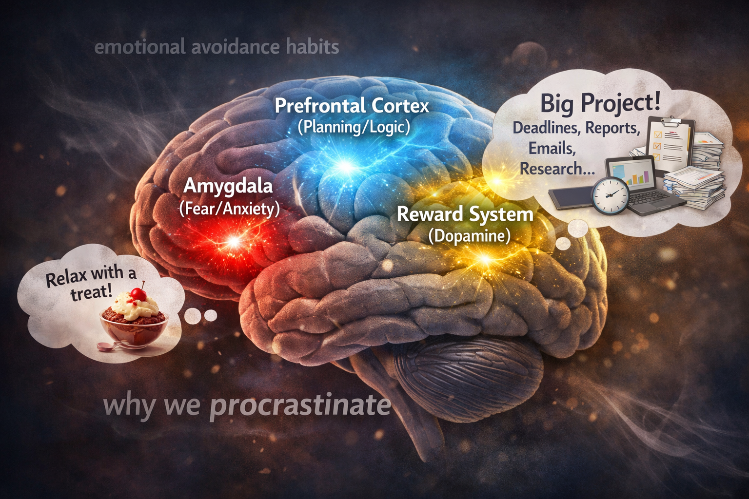 The Psychology of Procrastination: Why You Delay (It’s Not Laziness) 2 Do not write in Hindi on the images. Must write in English only. Don't use Hindi. A landscape format (1536x1024) editorial image depicting a