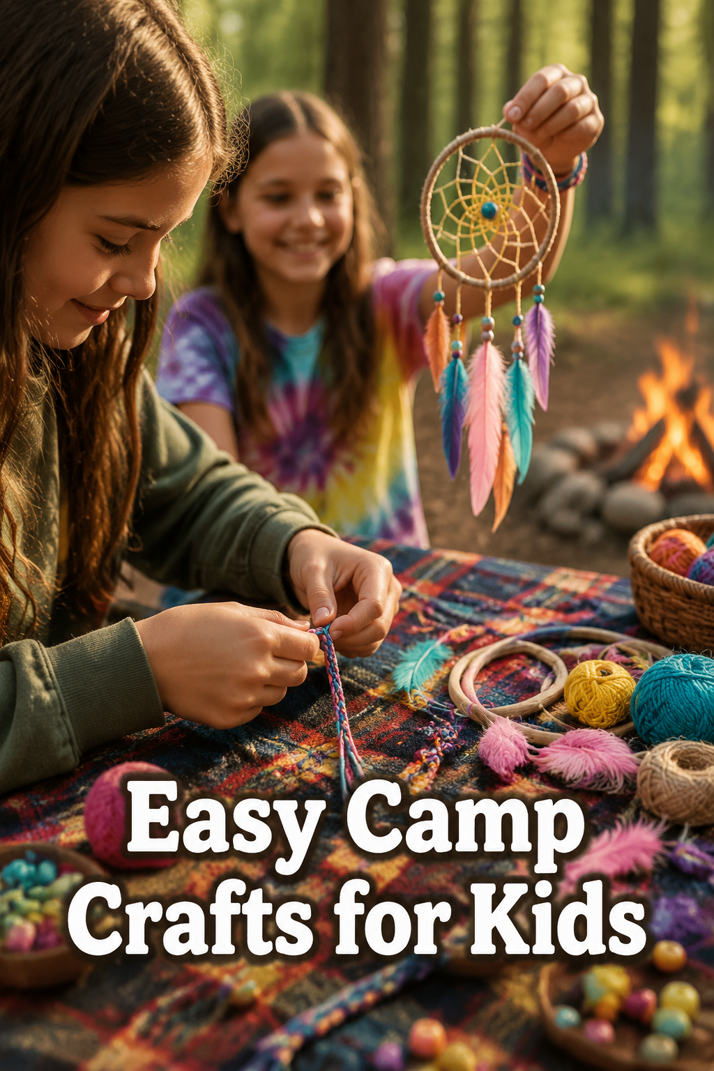 Portrait/Pinterest format () showing a close-up side-angle view of children's hands at a campfire-adjacent craft station