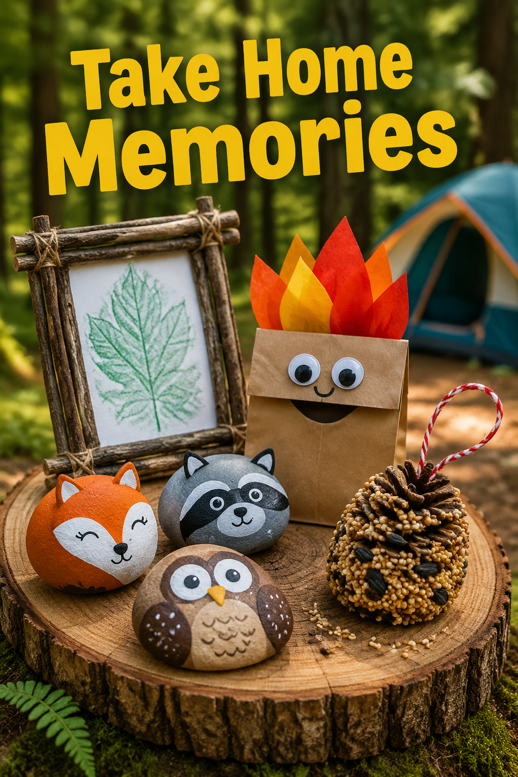 Portrait/Pinterest format () showing a styled display of finished camping crafts arranged on a rustic log slice: painted