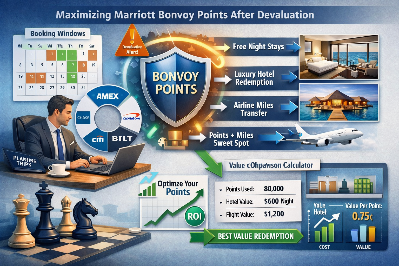 Strategic planning concept illustration (1536x1024) showing decision framework for maximizing Marriott Bonvoy points post-devaluation. Visua