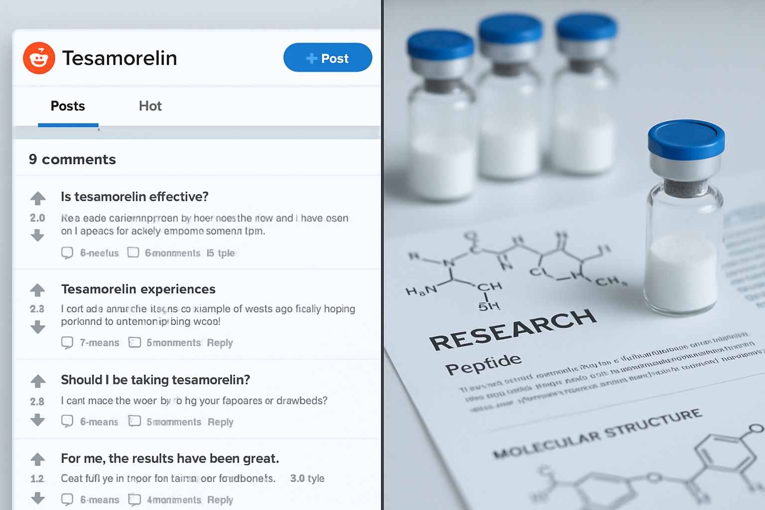 Detailed landscape image (1536x1024) showing split screen composition: left side displays Reddit interface with tesa discussion threa