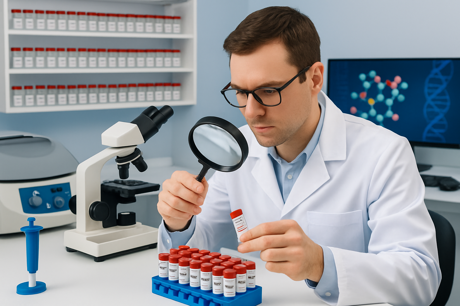 Professional landscape image (1536x1024) featuring laboratory researcher in white coat examining peptide samples with magnifying glass, surr