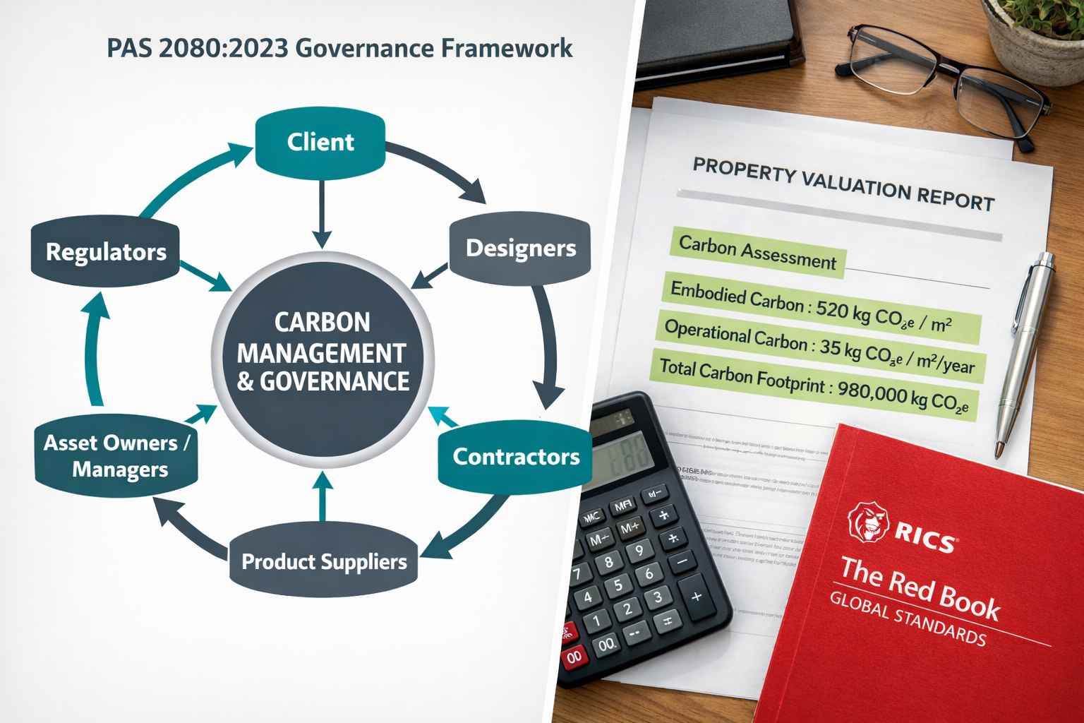 () showing a split-scene composition: left side displays PAS 2080:2023 governance framework as a circular flowchart with