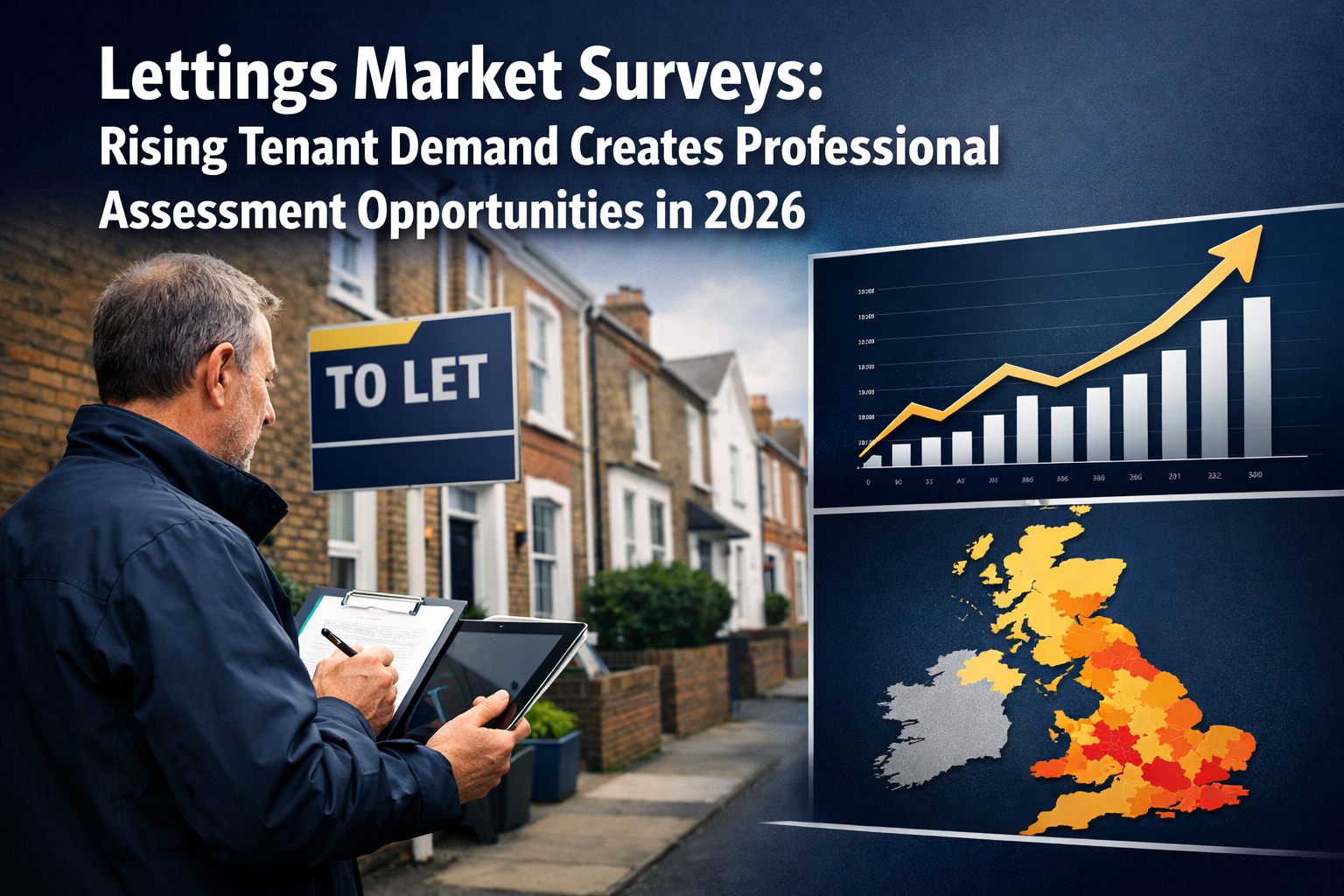 Professional landscape format (1536x1024) editorial hero image featuring bold text overlay 'Lettings Market Surveys: Rising Tenant Demand Cr
