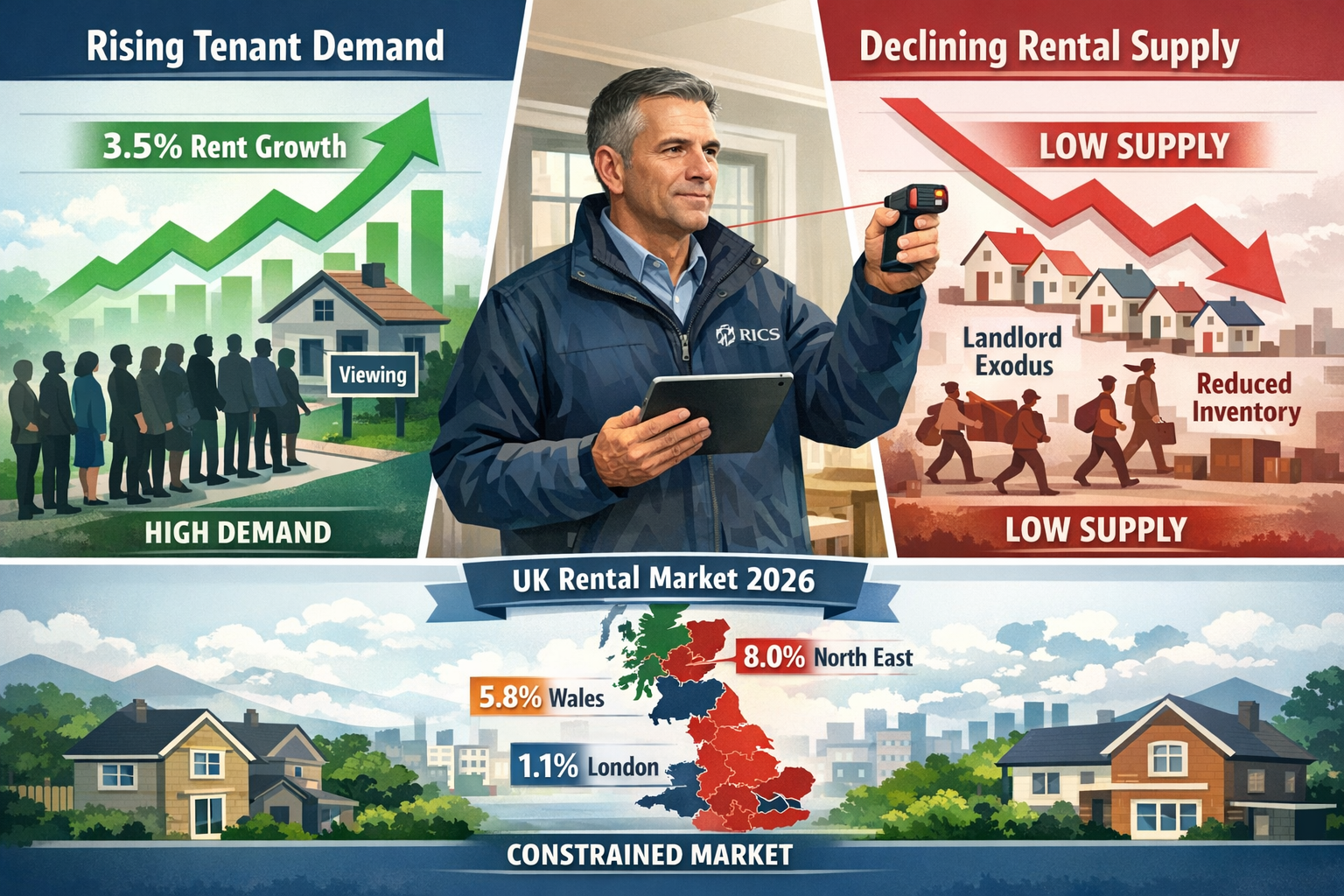 Detailed landscape format (1536x1024) infographic illustration showing UK rental market dynamics in 2026 with split-panel design. Left panel
