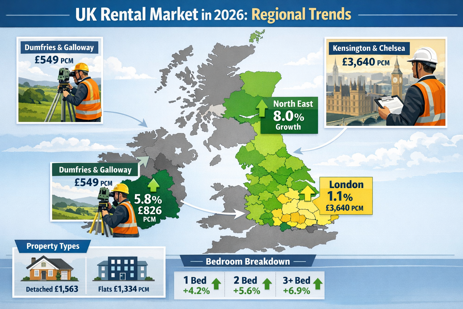 Comprehensive landscape format (1536x1024) visual comparison chart showing regional rental market variations across UK in 2026. Map-based in