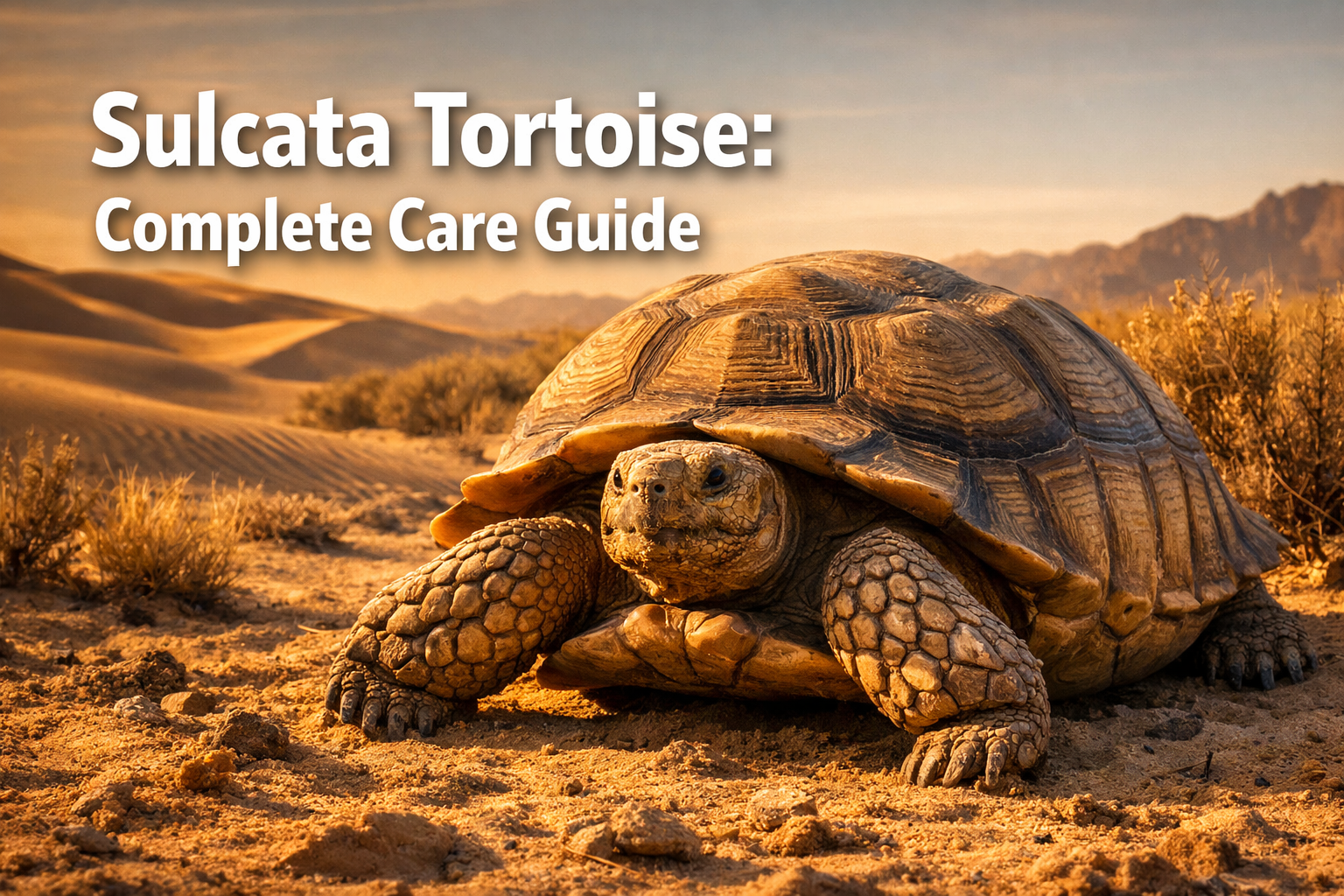 Professional landscape hero image (1536x1024) featuring bold text overlay 'Sulcata Tortoise: Complete Care Guide' in extra large 70pt white 